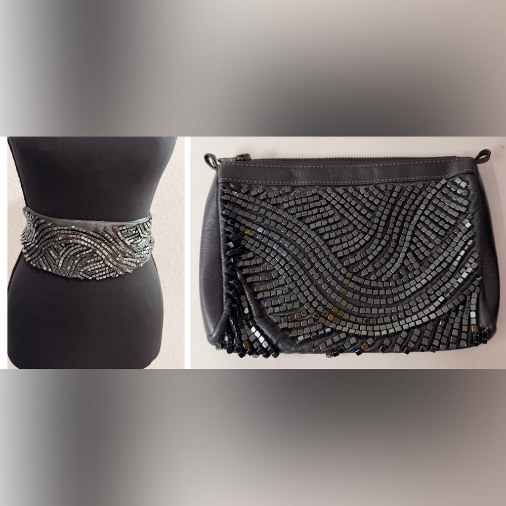 Tintoretto Charcoal Beaded Wrap Belt & Clutch Evening Chic Set